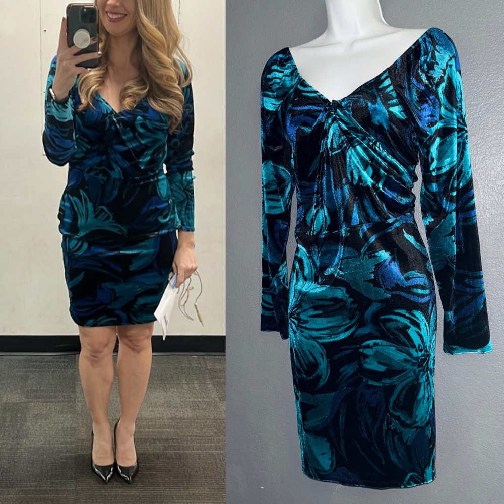 Venus Vintage Long Sleeve Blue Green Velveteen Velvet Dress Womens size XL
